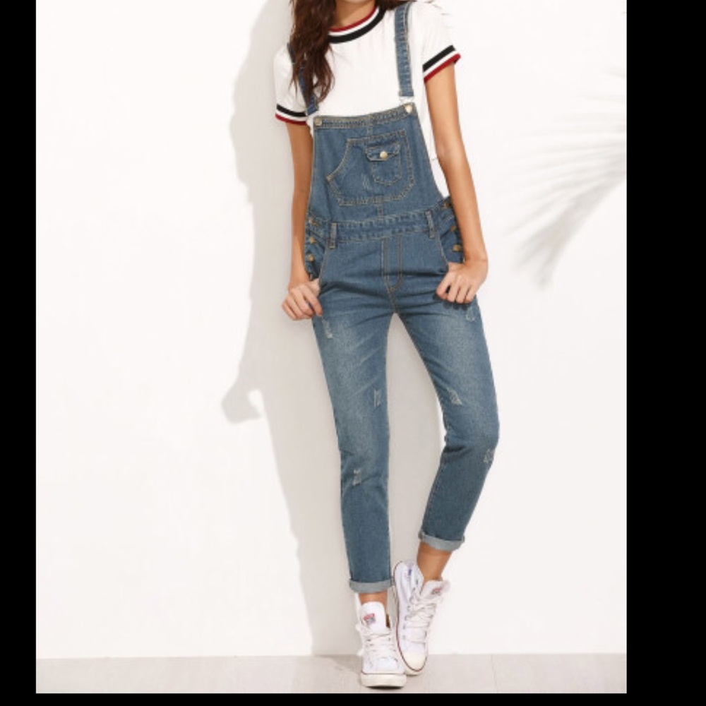 Dark Blue Straps Scratch Denim Overall Pants